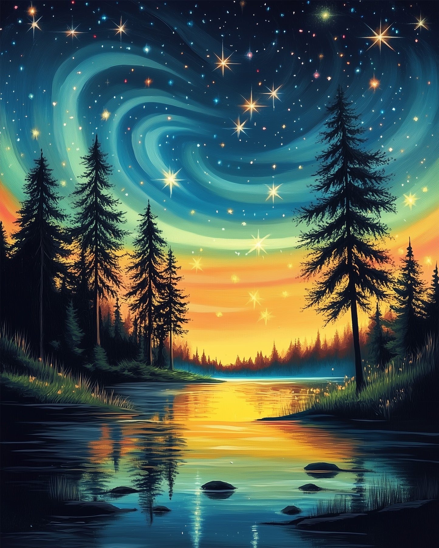Miicreative's Starry Forest Reflection. Stars twinkle over a serene forest and lake scene, perfect for stress relief and focus.
