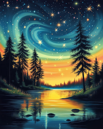 Miicreative's Starry Forest Reflection. Stars twinkle over a serene forest and lake scene, perfect for stress relief and focus.