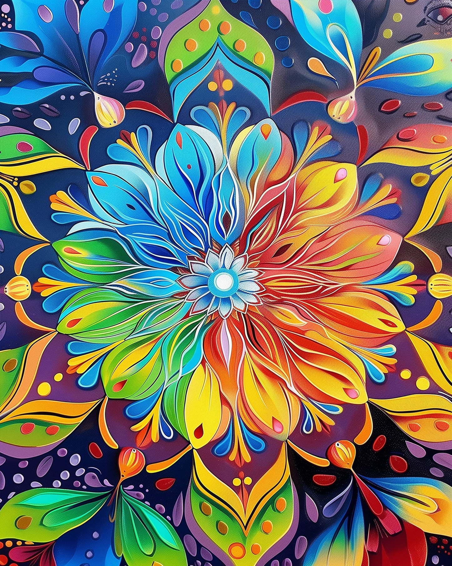 A colorful and intricate mandala flower design in a paint by numbers kit by miicreative, featuring vivid hues of blue, red, yellow, and green, perfect for mindfulness and creativity in the Vibrant Mandala Bloom - Meditation.