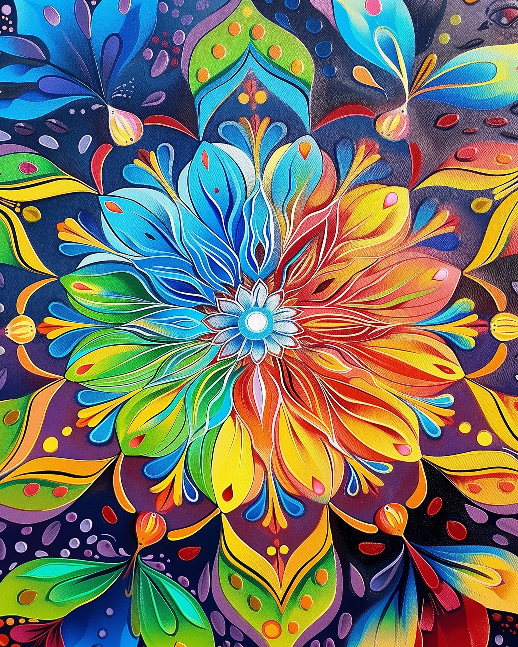 A colorful and intricate mandala flower design in a paint by numbers kit by miicreative, featuring vivid hues of blue, red, yellow, and green, perfect for mindfulness and creativity in the Vibrant Mandala Bloom - Meditation.