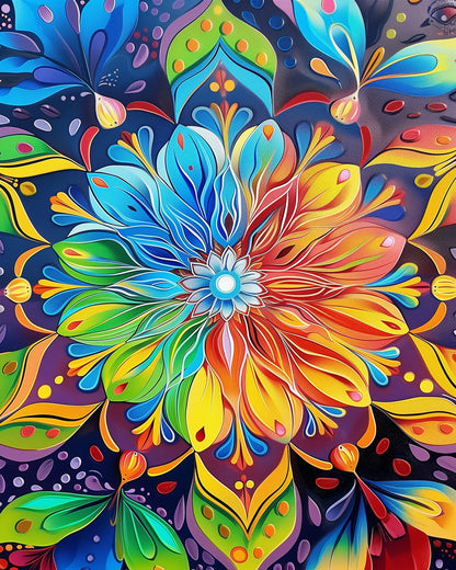 A colorful and intricate mandala flower design in a paint by numbers kit by miicreative, featuring vivid hues of blue, red, yellow, and green, perfect for mindfulness and creativity in the Vibrant Mandala Bloom - Meditation.
