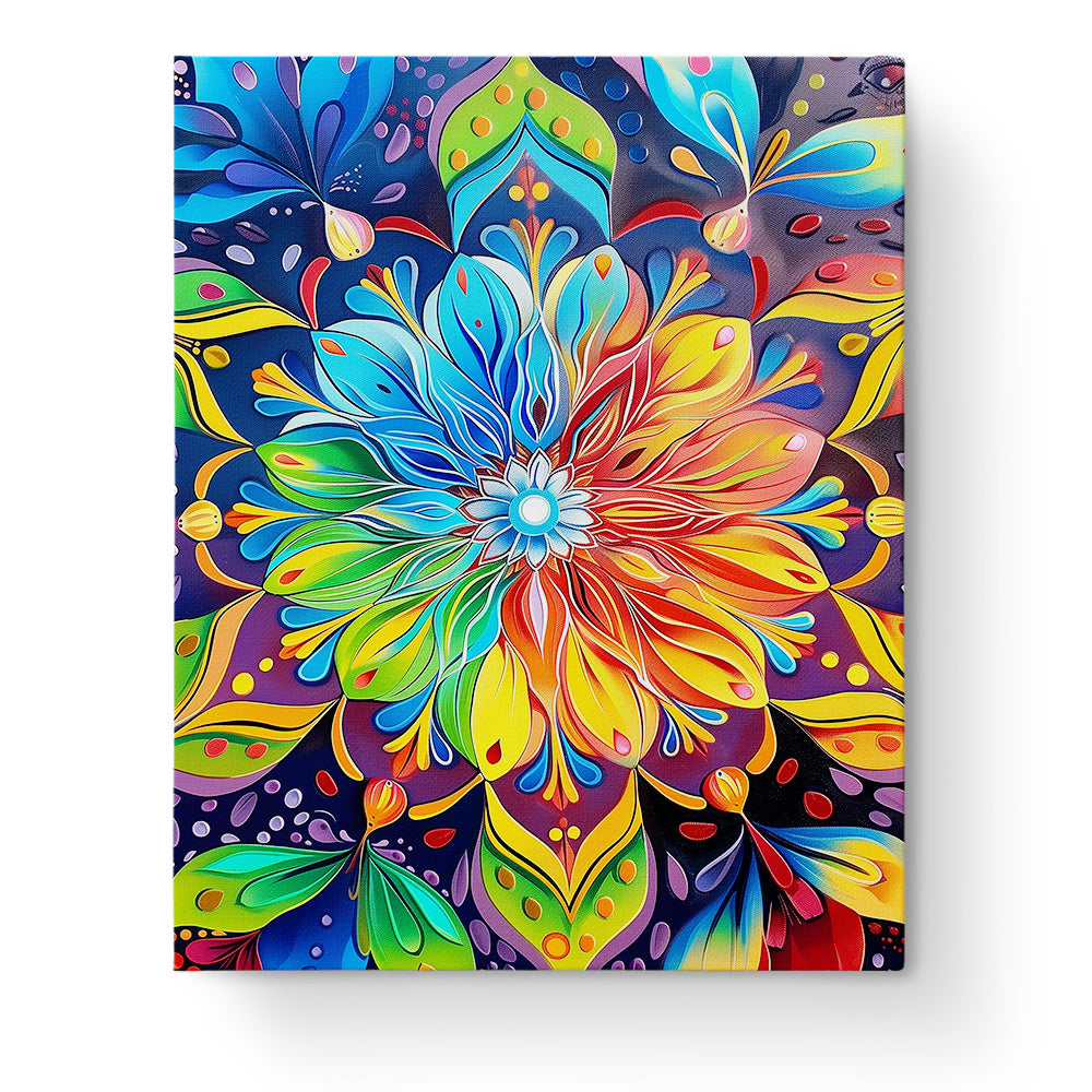 A colorful and intricate mandala flower design in a paint by numbers kit by miicreative, featuring vivid hues of blue, red, yellow, and green, perfect for mindfulness and creativity in the Vibrant Mandala Bloom - Meditation.