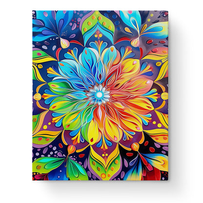 A colorful and intricate mandala flower design in a paint by numbers kit by miicreative, featuring vivid hues of blue, red, yellow, and green, perfect for mindfulness and creativity in the Vibrant Mandala Bloom - Meditation.
