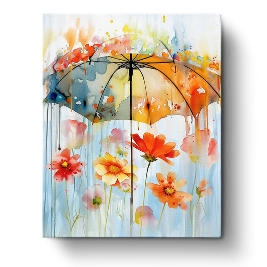 A vibrant paint by numbers kit titled Umbrella Blossoms - Bohemian Vibes by miicreative. Features colorful flowers under a translucent umbrella, embodying creativity and mindfulness.