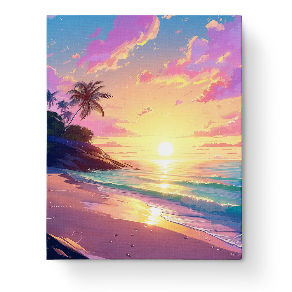 Sunset Serenity paint by numbers kit by miicreative depicting a tranquil beach scene with palm trees and vibrant sunset skies, ideal for mindfulness.