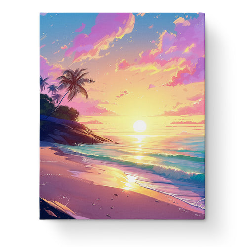 Sunset Serenity paint by numbers kit by miicreative depicting a tranquil beach scene with palm trees and vibrant sunset skies, ideal for mindfulness.