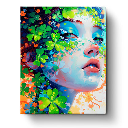 Shamrock Serenity by miicreative depicts a serene portrait with lush green clovers and vibrant colors, embodying mindfulness and creativity in a beautiful paint-by-numbers kit.