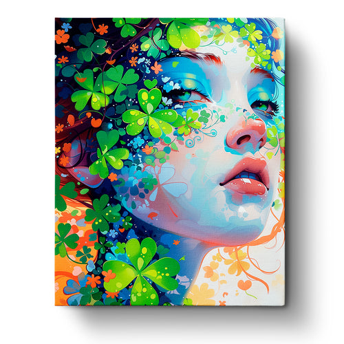 Shamrock Serenity by miicreative depicts a serene portrait with lush green clovers and vibrant colors, embodying mindfulness and creativity in a beautiful paint-by-numbers kit.