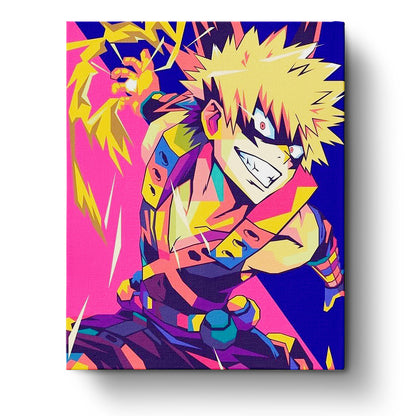 Katsuki Bakugo from My Hero Academia in explosive action. Miicreative paint by numbers kit emphasizes focus and creativity.
