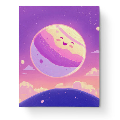 Smiling Planet Delight by miicreative, showcasing a whimsical smiling planet amidst colorful galaxies. Ideal for mindfulness and stress relief through painting.