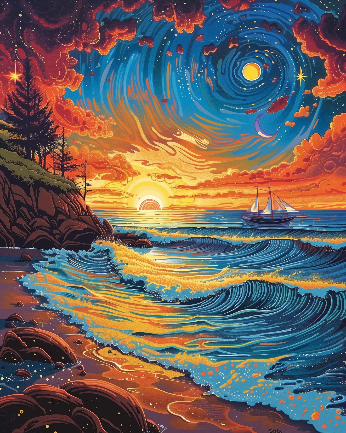 Experience a relaxing painting journey with miicreative's sunset sea landscape kit, showcasing a vivid sky and calming waves for stress relief.