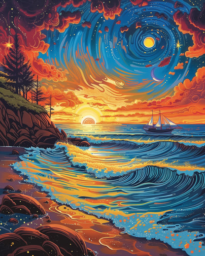 Experience a relaxing painting journey with miicreative's sunset sea landscape kit, showcasing a vivid sky and calming waves for stress relief.