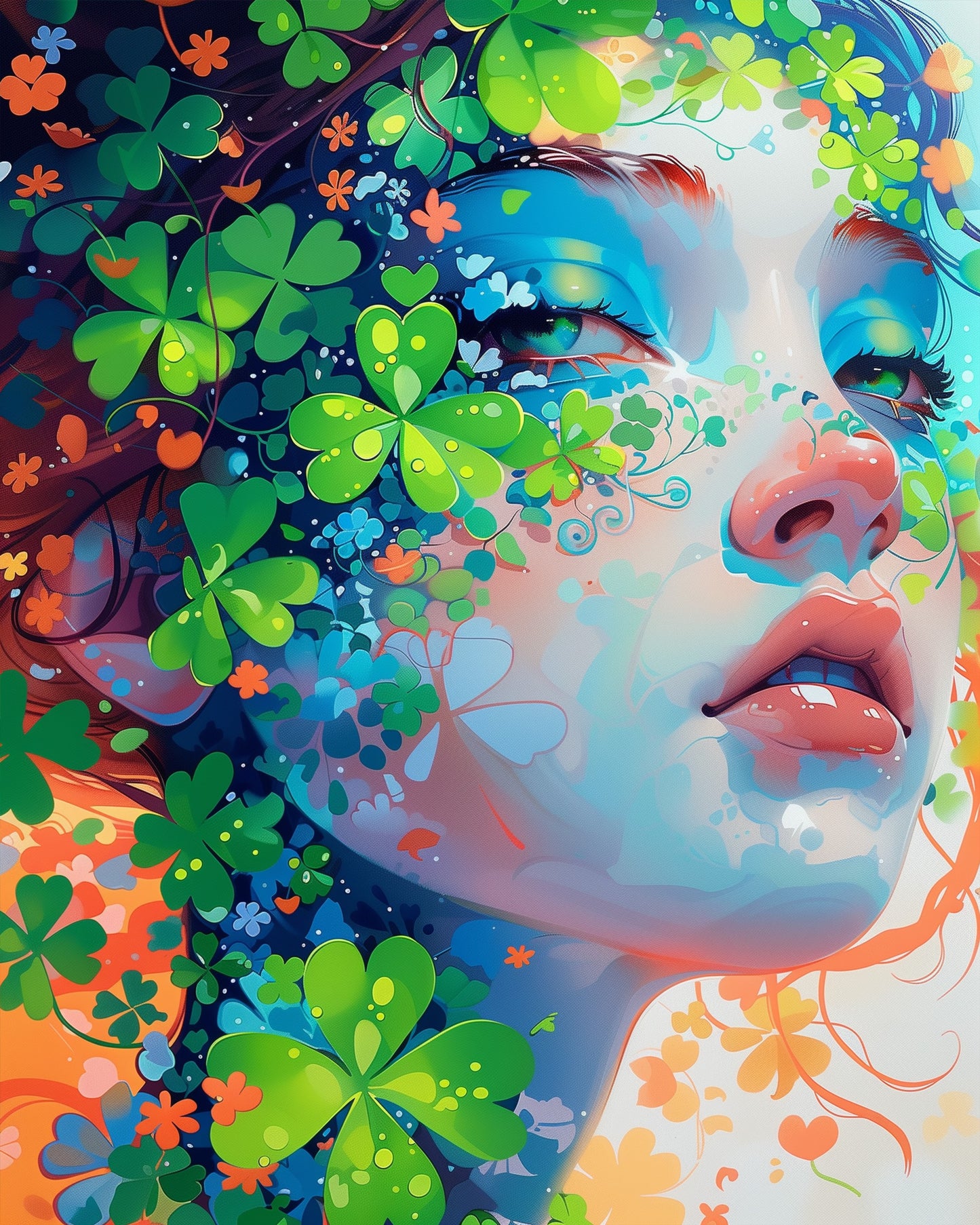 Shamrock Serenity by miicreative depicts a serene portrait with lush green clovers and vibrant colors, embodying mindfulness and creativity in a beautiful paint-by-numbers kit.