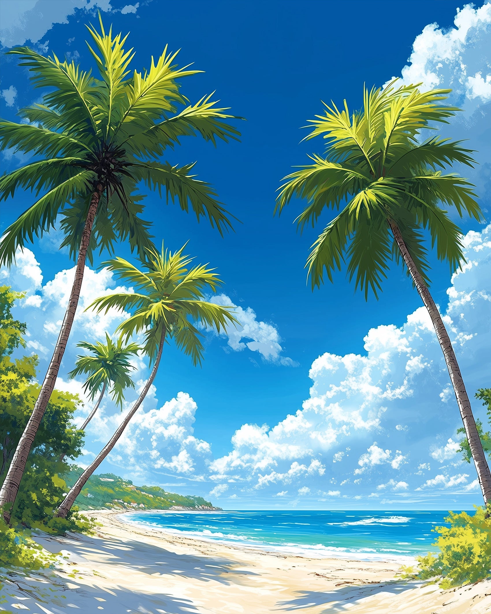 Serene beach scene with miicreative palm trees and ocean waves. Perfect for focusing on creativity and relaxation.