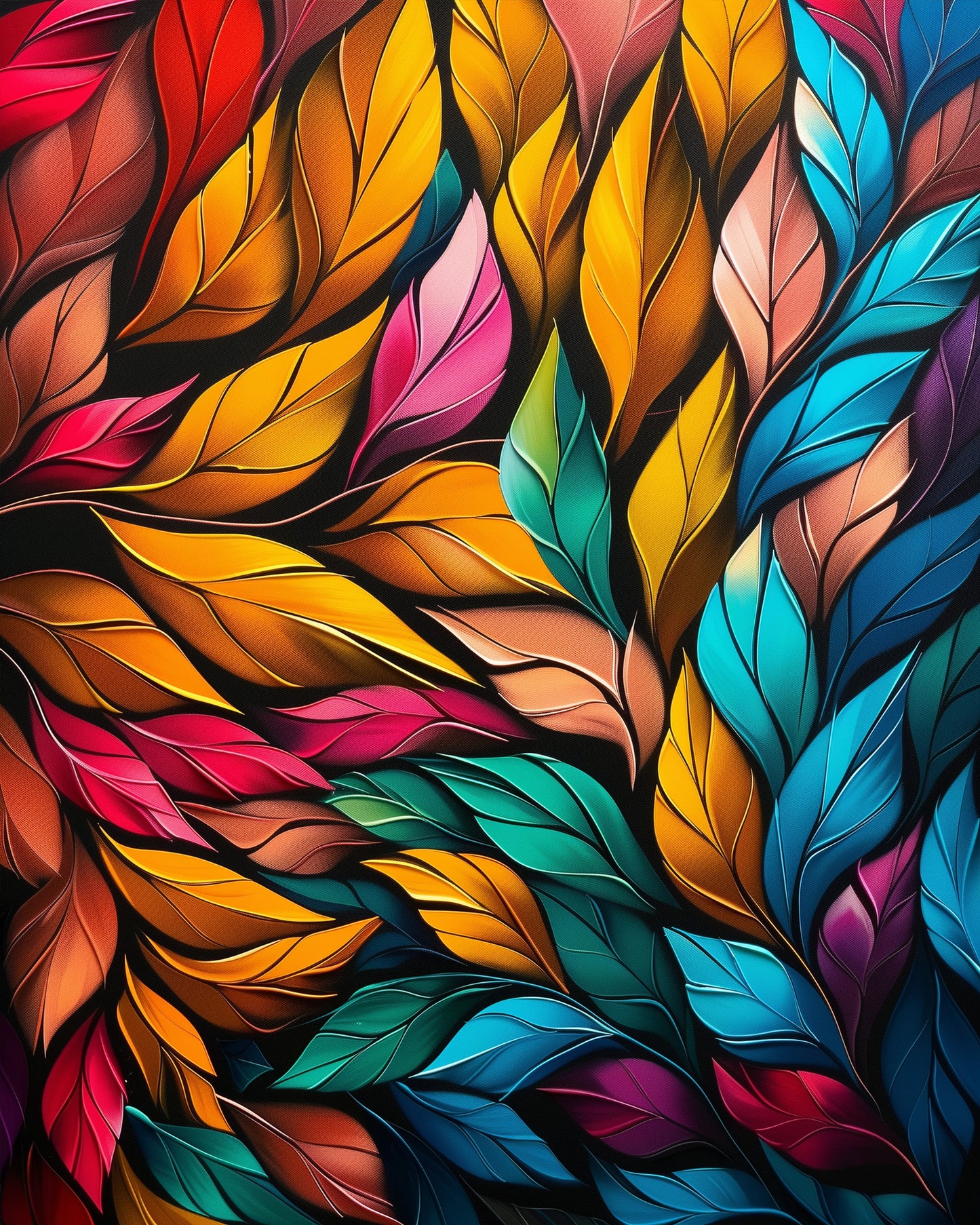 Bright, multicolored leaves in the paint by numbers kit 'Vibrant Leaf Harmony - Meditation' by miicreative. The vivid oranges, blues, and reds evoke creativity and mindfulness.