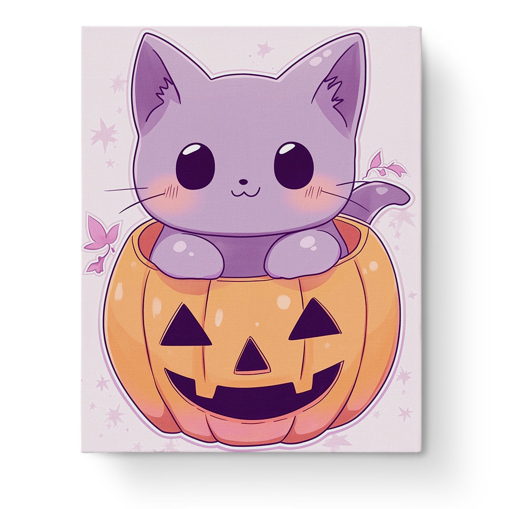 miicreative Cute Cat in Pumpkin - Halloween kit showing a delightful purple cat peeking from an orange pumpkin against a subtle pink background, promoting creativity and mindfulness.