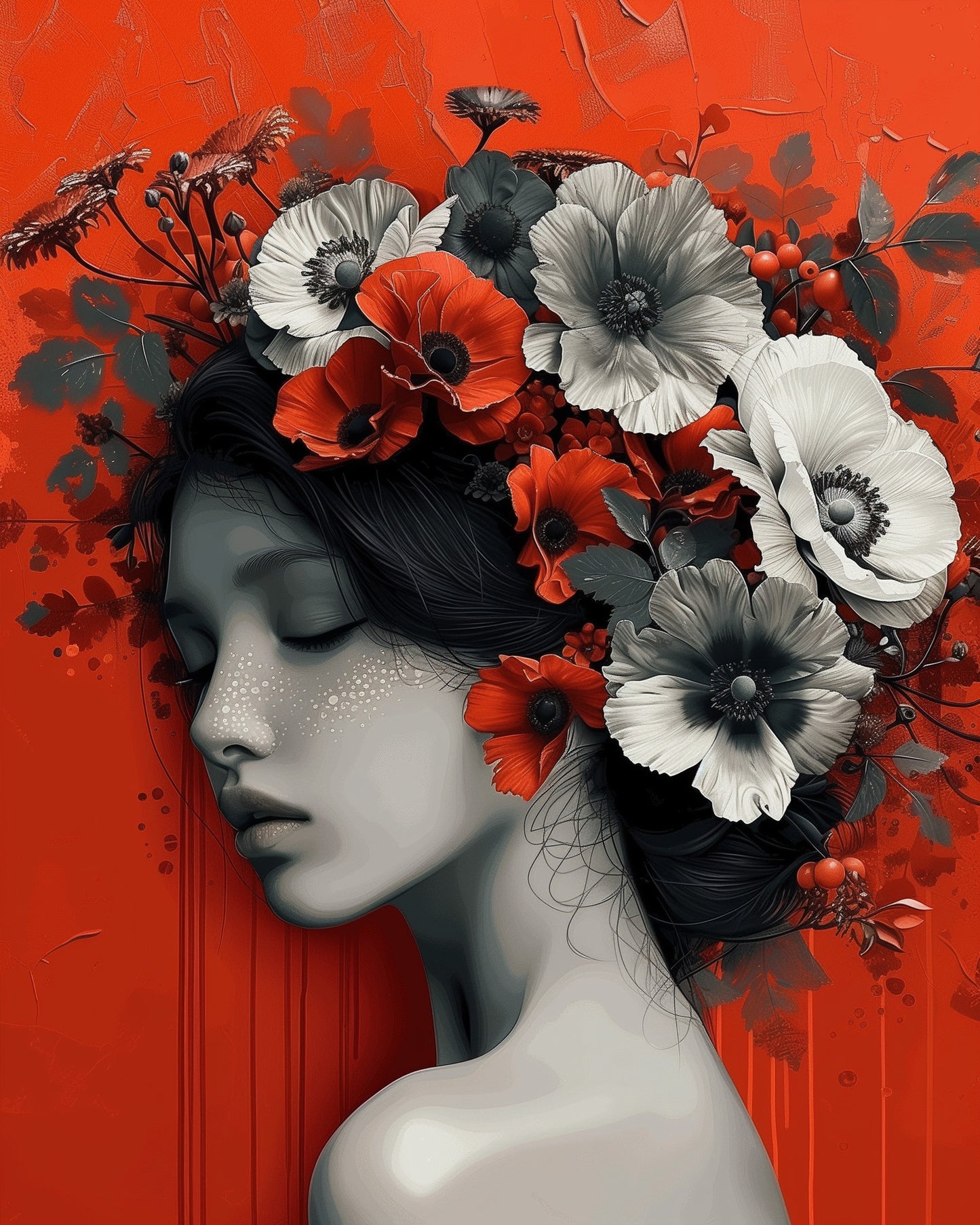 Artistic depiction of a woman with poppies, titled Serene Poppy Dream - Floral Women by miicreative. Engage in soothing creativity and stress relief.