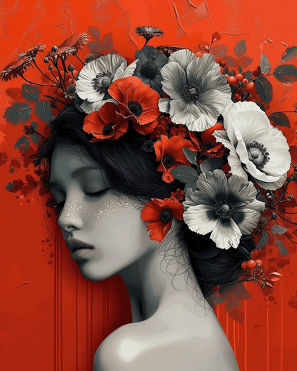 Artistic depiction of a woman with poppies, titled Serene Poppy Dream - Floral Women by miicreative. Engage in soothing creativity and stress relief.