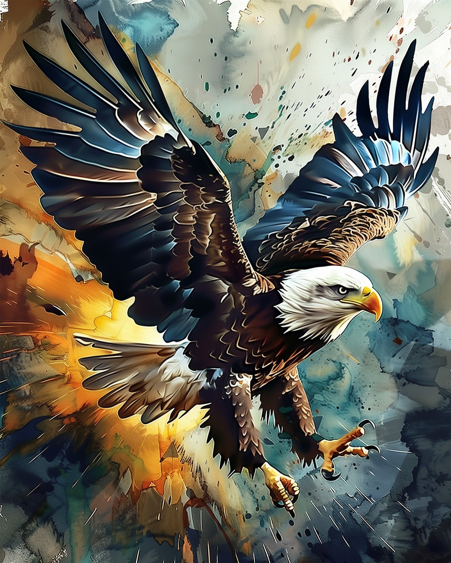 A captivating image of a majestic eagle in flight by miicreative. The bold colors and dynamic pose highlight the beauty of nature, promoting mindfulness and creativity.
