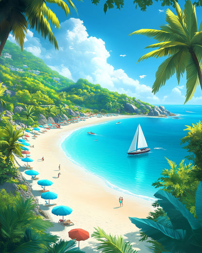 miicreative Paint By Numbers kit featuring a tranquil beach scene. Vibrant sea with palm trees and umbrellas, promoting relaxation and focus.