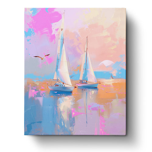 Sunset painting of sailboats with vibrant pink and orange hues, part of the miicreative collection. Captures reflective waters and a serene sky to inspire mindfulness and creativity.