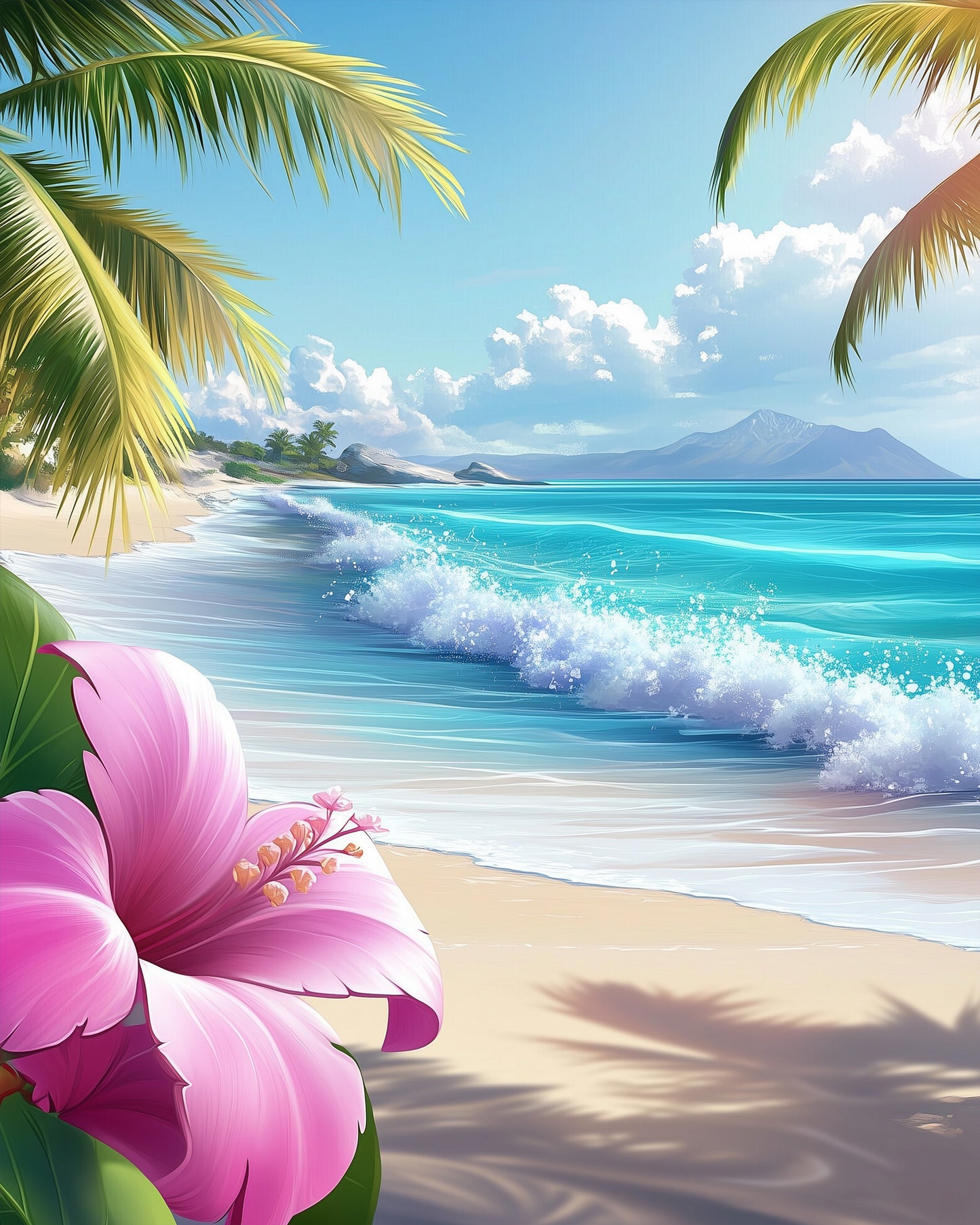 Miicreative's Tropical Beach Serenity offers a peaceful painting journey, depicting vibrant ocean waves and lush palm trees, perfect for relaxation.