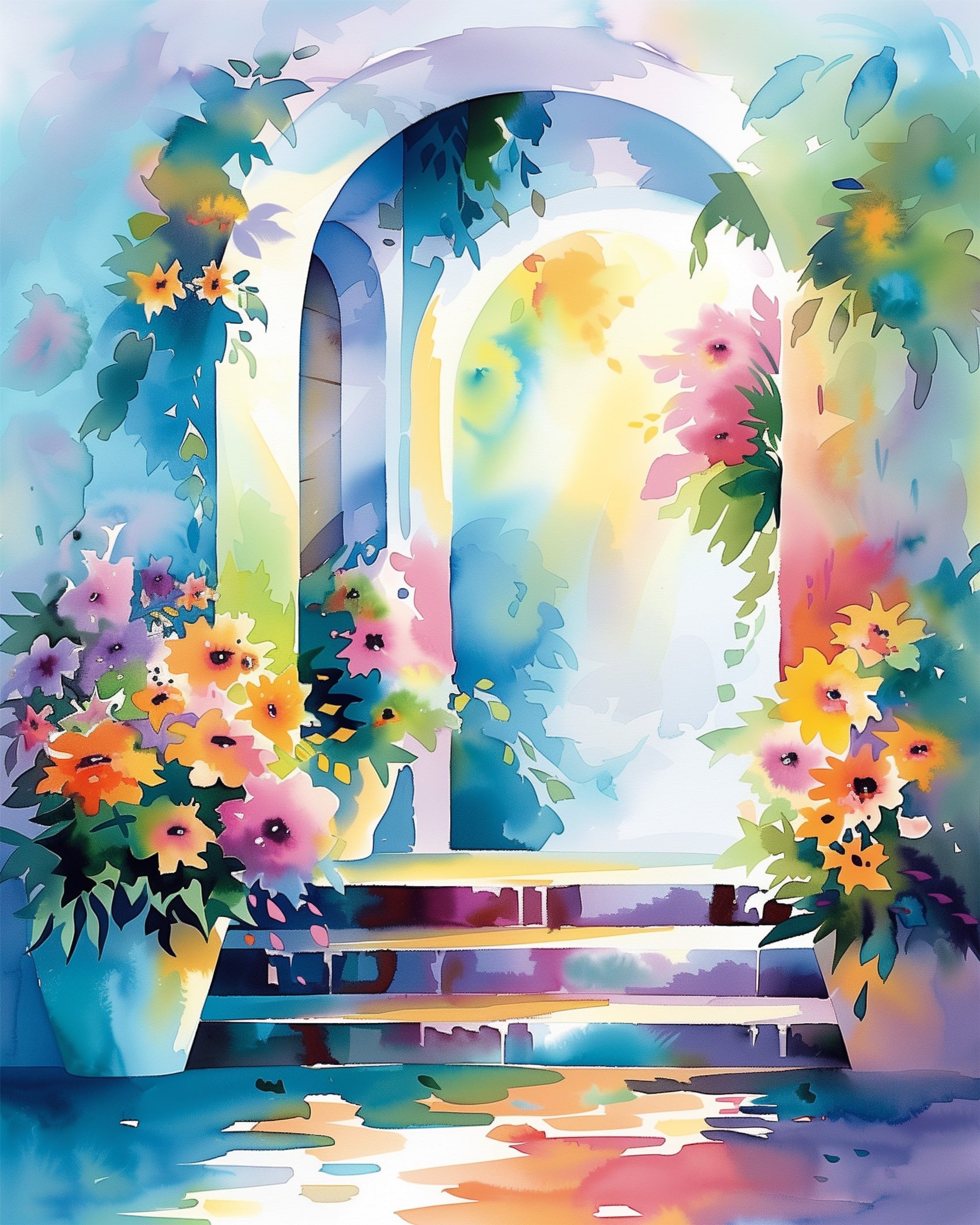 A vibrant painting of a garden archway with colorful flowers, titled 'Enchanted Garden Archway - Bohemian Vibes' by miicreative. This kit promotes mindfulness and creativity with its rich hues and serene subject.