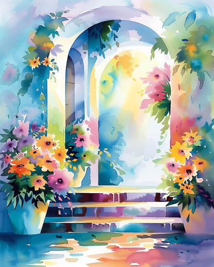 A vibrant painting of a garden archway with colorful flowers, titled 'Enchanted Garden Archway - Bohemian Vibes' by miicreative. This kit promotes mindfulness and creativity with its rich hues and serene subject.