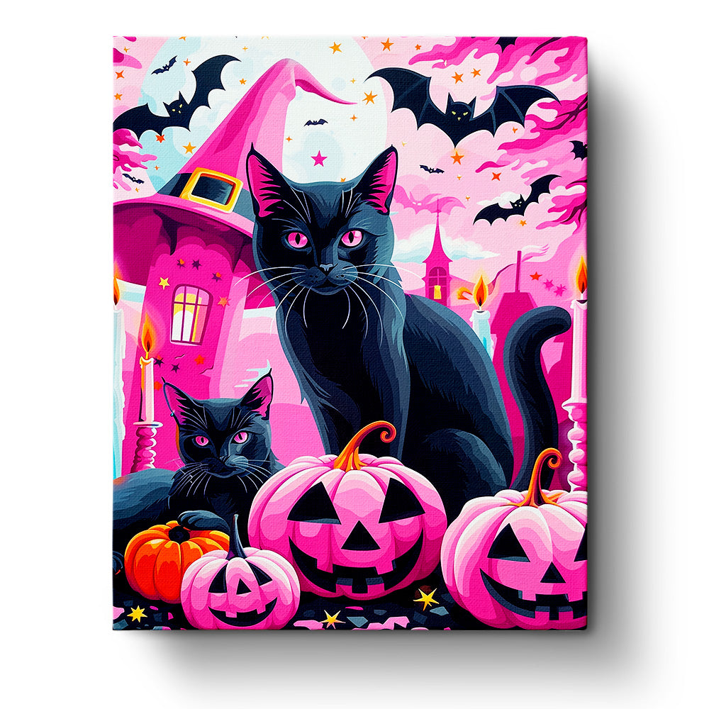 A vibrant Halloween scene featuring black cats and pink pumpkins titled 'Witch's Cats and Pumpkins - Halloween' by miicreative. The whimsical ambiance with pink and orange tones enhances creativity and mindfulness.