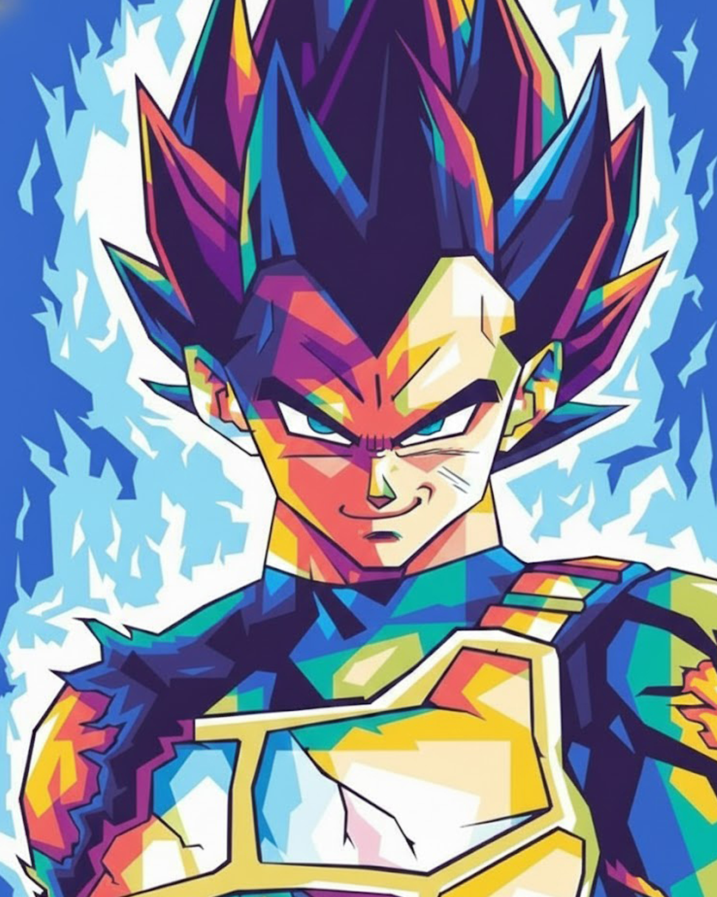 Dynamic Vegeta portrait from Dragon Ball Z, miicreative. Ideal for stress relief and creativity, highlighting his iconic stance.