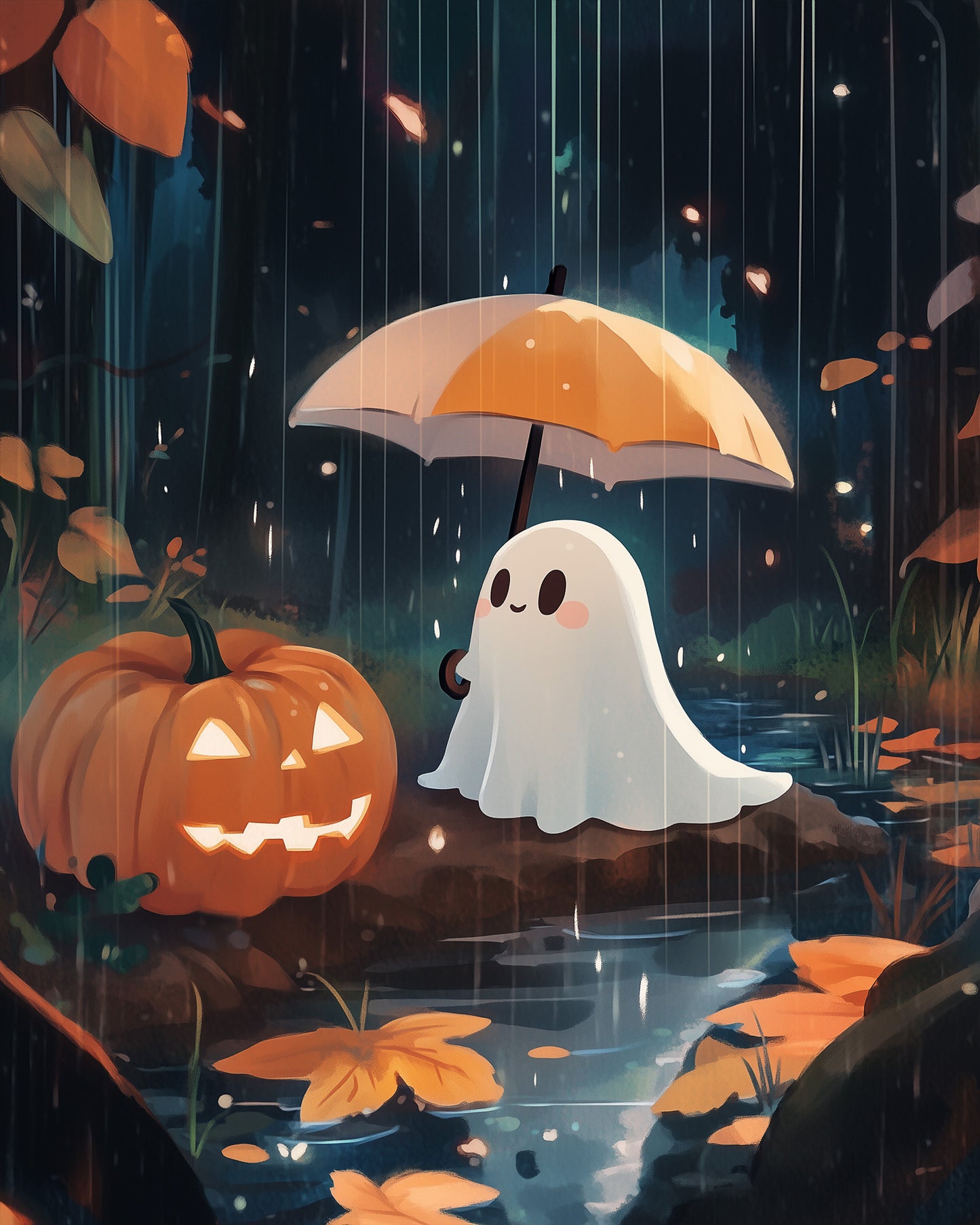 Charming ghost with an umbrella beside a jack-o-lantern against a rainy forest backdrop. The miicreative kit inspires creativity and relaxation.