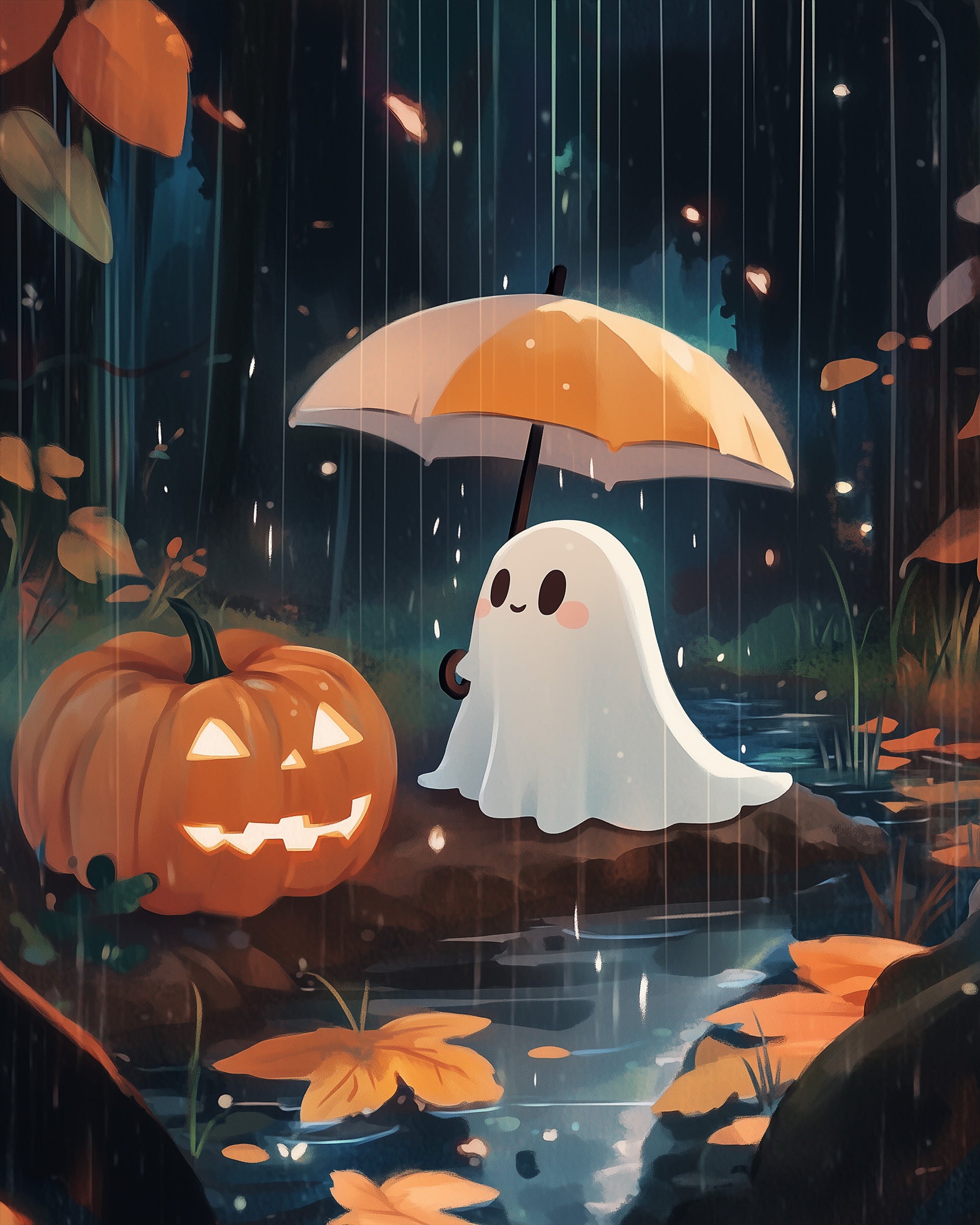 Charming ghost with an umbrella beside a jack-o-lantern against a rainy forest backdrop. The miicreative kit inspires creativity and relaxation.