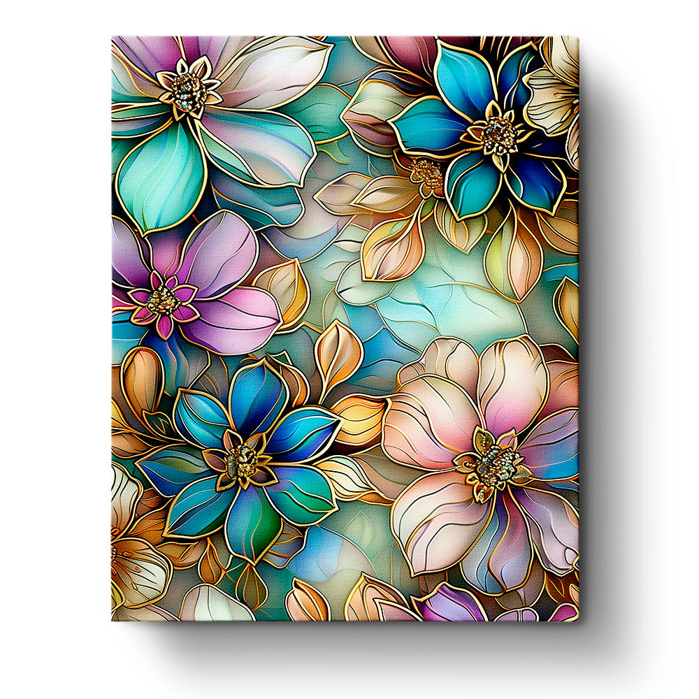 Stained Glass Floral Bliss - Bohemian Vibes by miicreative. A vibrant image of intricate, colorful flowers in blues, purples, and greens, highlighting the meditative creativity of the paint by numbers kit.