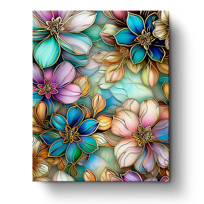 Stained Glass Floral Bliss - Bohemian Vibes by miicreative. A vibrant image of intricate, colorful flowers in blues, purples, and greens, highlighting the meditative creativity of the paint by numbers kit.