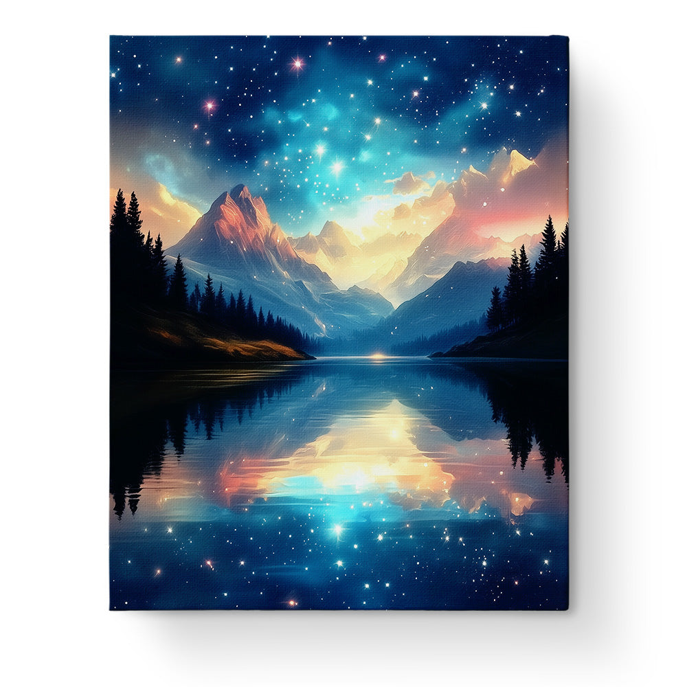 Starry Mountain Reflections painting by miicreative. Experience tranquility with stars and mountains mirrored in a calm lake. A mindful painting journey.