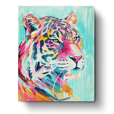 A colorful depiction of a leopard featuring bold pink, blue, and orange hues, showcased in the Vibrant Leopard - Abstract Animals kit by miicreative. Experience mindfulness and creativity through this striking paint by numbers experience.