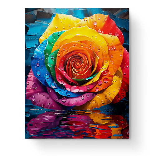 A stunning Rainbow Rose image for the Rainbow Rose - Meditation by miicreative. The bright colors and delicate water droplets enhance the calming and creative painting experience.