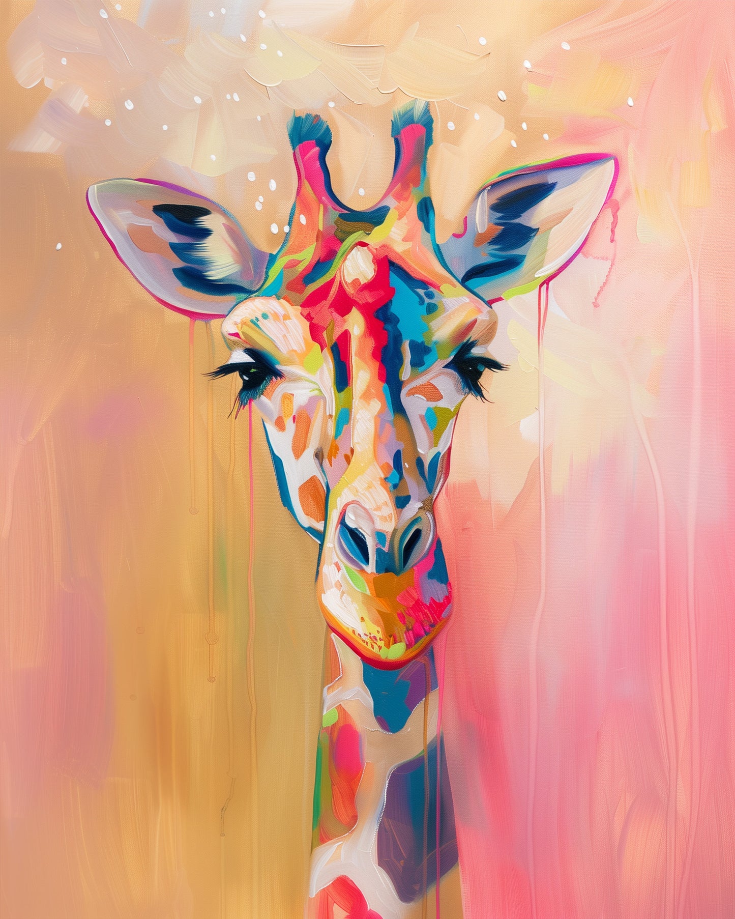 A colorful and vibrant abstract giraffe painting from miicreative. The striking colors and serene expression emphasize mindfulness and creativity, as captured in the Colorful Giraffe Portrait - Abstract Animals kit.