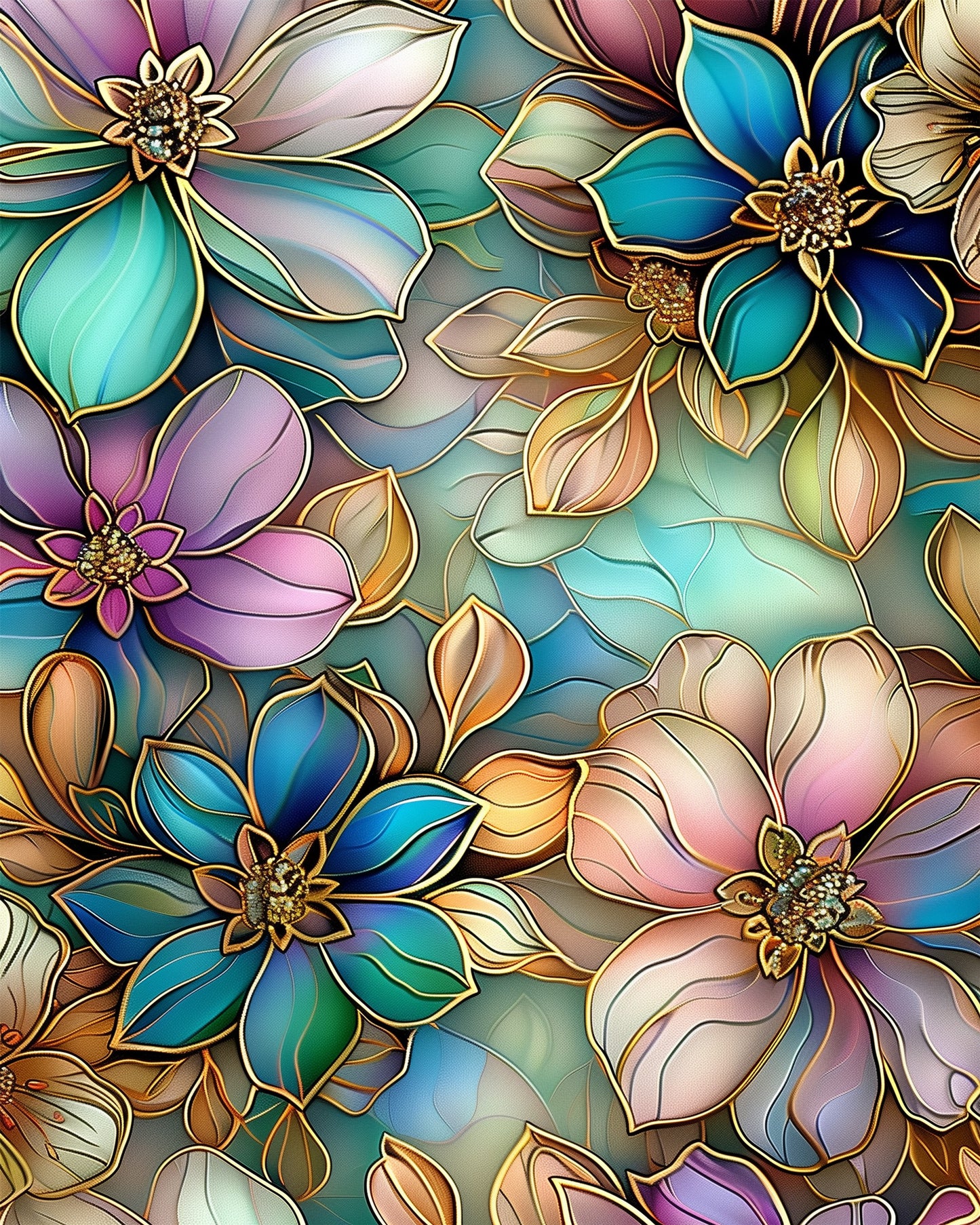 Stained Glass Floral Bliss - Bohemian Vibes by miicreative. A vibrant image of intricate, colorful flowers in blues, purples, and greens, highlighting the meditative creativity of the paint by numbers kit.