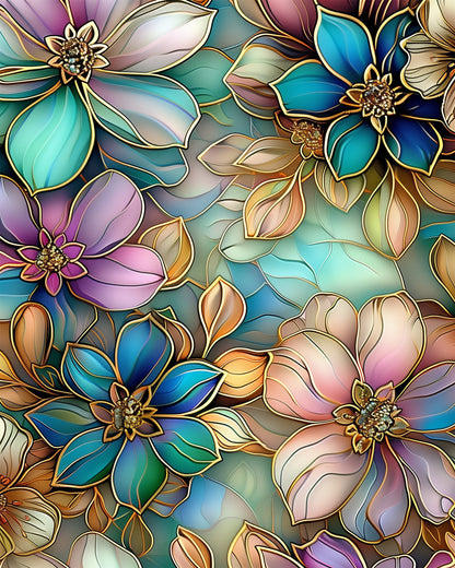 Stained Glass Floral Bliss - Bohemian Vibes by miicreative. A vibrant image of intricate, colorful flowers in blues, purples, and greens, highlighting the meditative creativity of the paint by numbers kit.