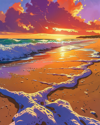 Sunset beach scene paint by numbers kit by miicreative. Experience tranquility and focus with a stunning sea view, ideal for relaxation.