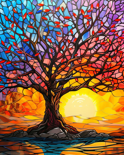 A vibrant stained glass style painting of a tree against a colorful sunset with a glowing sun behind. The image highlights the product 'Vibrant Sunset Tree - Meditation' by miicreative, focusing on rich colors and the meditative aspect of painting by numbers.