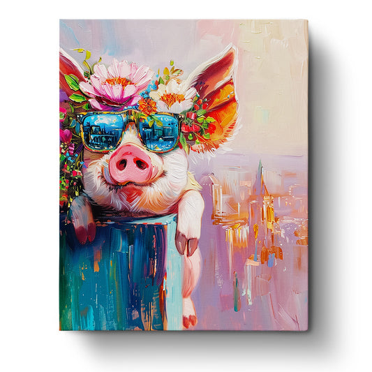 A vibrant painting of a pig adorned with flowers and sunglasses, from the 'Floral Pig with Sunglasses - Abstract Animals' kit by miicreative. Bright colors and whimsical details make this a relaxing and creative paint-by-numbers activity.