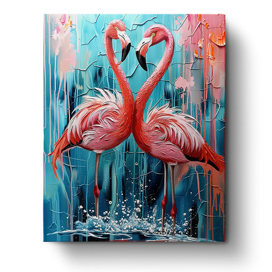 A vibrant painting of two flamingos facing each other amidst abstract blue and pink backgrounds, included in the Flamingo Harmony - Abstract Animals kit by miicreative. This artistic kit offers mindfulness and creativity.