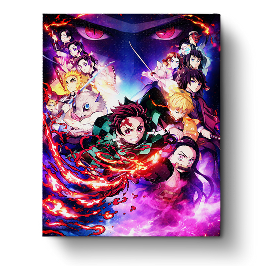Epic Demon Slayer scene with Tanjiro and Nezuko captured in miicreative's paint by numbers kit. Experience mindfulness and focus.