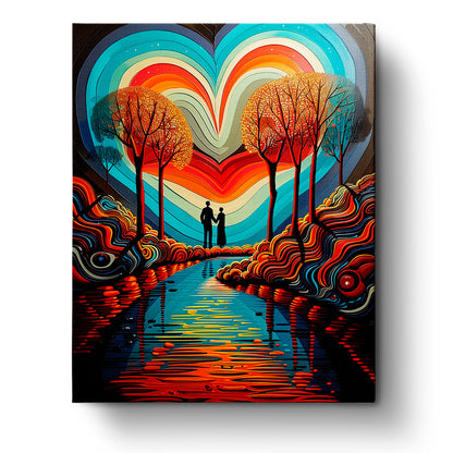 Heartfelt Harmony - Meditation paint by numbers kit by miicreative. Silhouettes of a couple under colorful heart-shaped sky, vivid trees, and flowing river, enhancing mindfulness and creativity.