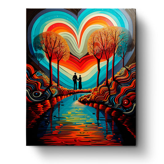 Heartfelt Harmony - Meditation paint by numbers kit by miicreative. Silhouettes of a couple under colorful heart-shaped sky, vivid trees, and flowing river, enhancing mindfulness and creativity.