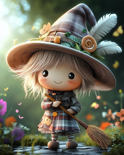 miicreative Charming Witch Kid - Halloween kit features an adorable witch in soft earthy tones holding a broom, ideal for stress relief and artistic expression. Embrace creativity.