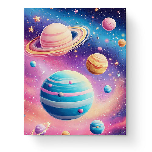 Celestial Wonder paint by numbers kit by miicreative featuring vibrant planets and stars for a mindful painting experience.
