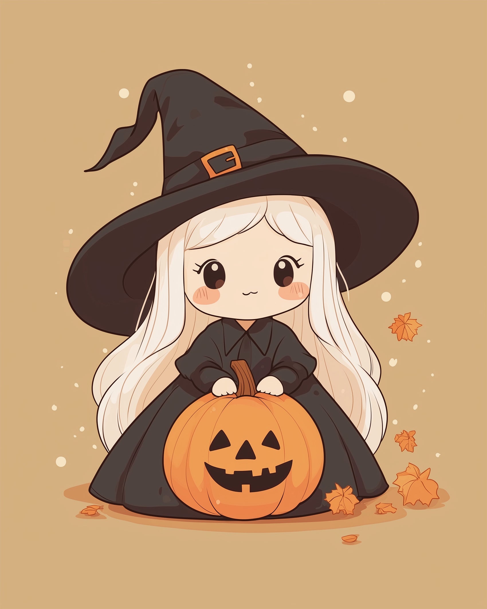 Cute witch with a carved pumpkin in a magical setting by miicreative. Halloween paint by numbers kit ideal for relaxation and creative expression, capturing fun seasonal vibes.
